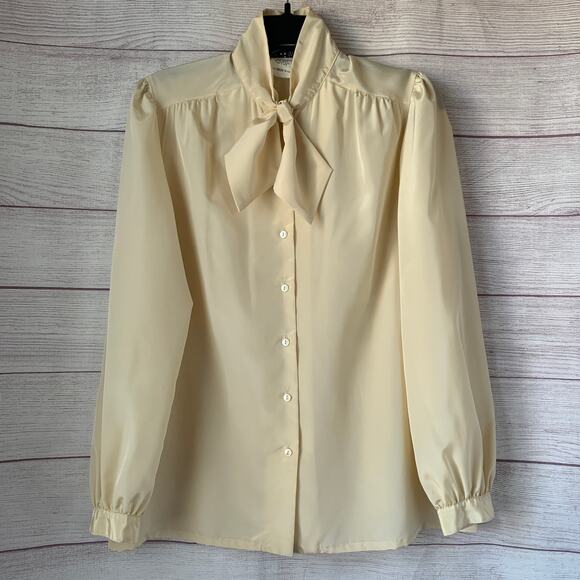 Pow-Her Vintage Cream Button Up Blouse with Tie Neck Long Sleeve Size 13/14 - Picture 1 of 16